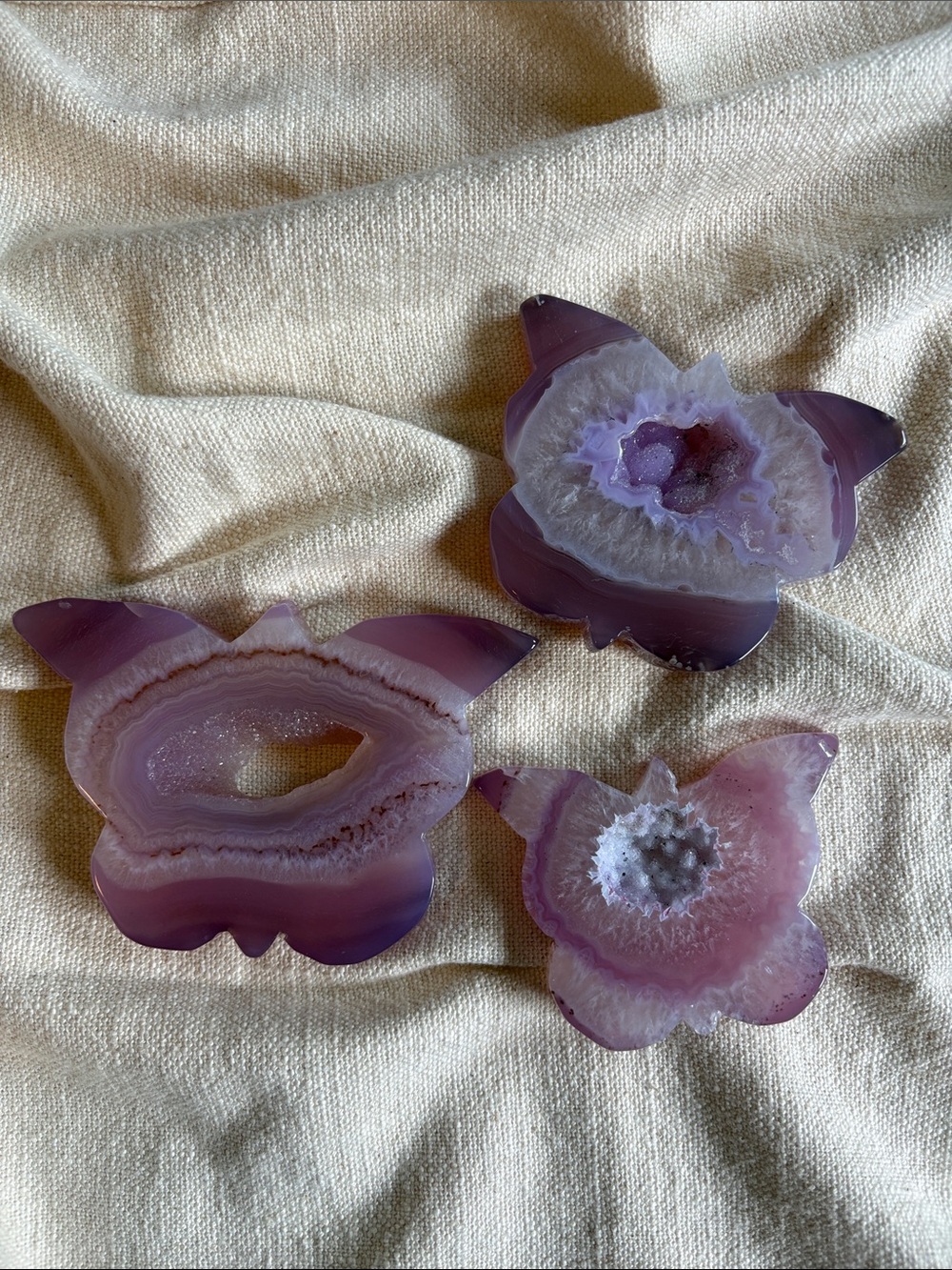 Pink Agate Butterfly Trio – Druzy Crystal Carvings